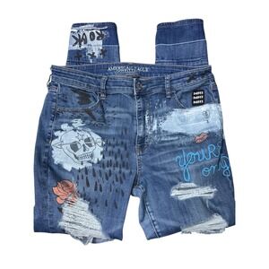 American Eagle Hi-Rise Jegging Size 16 Reg Distressed Graphic Punk Rock Jeans